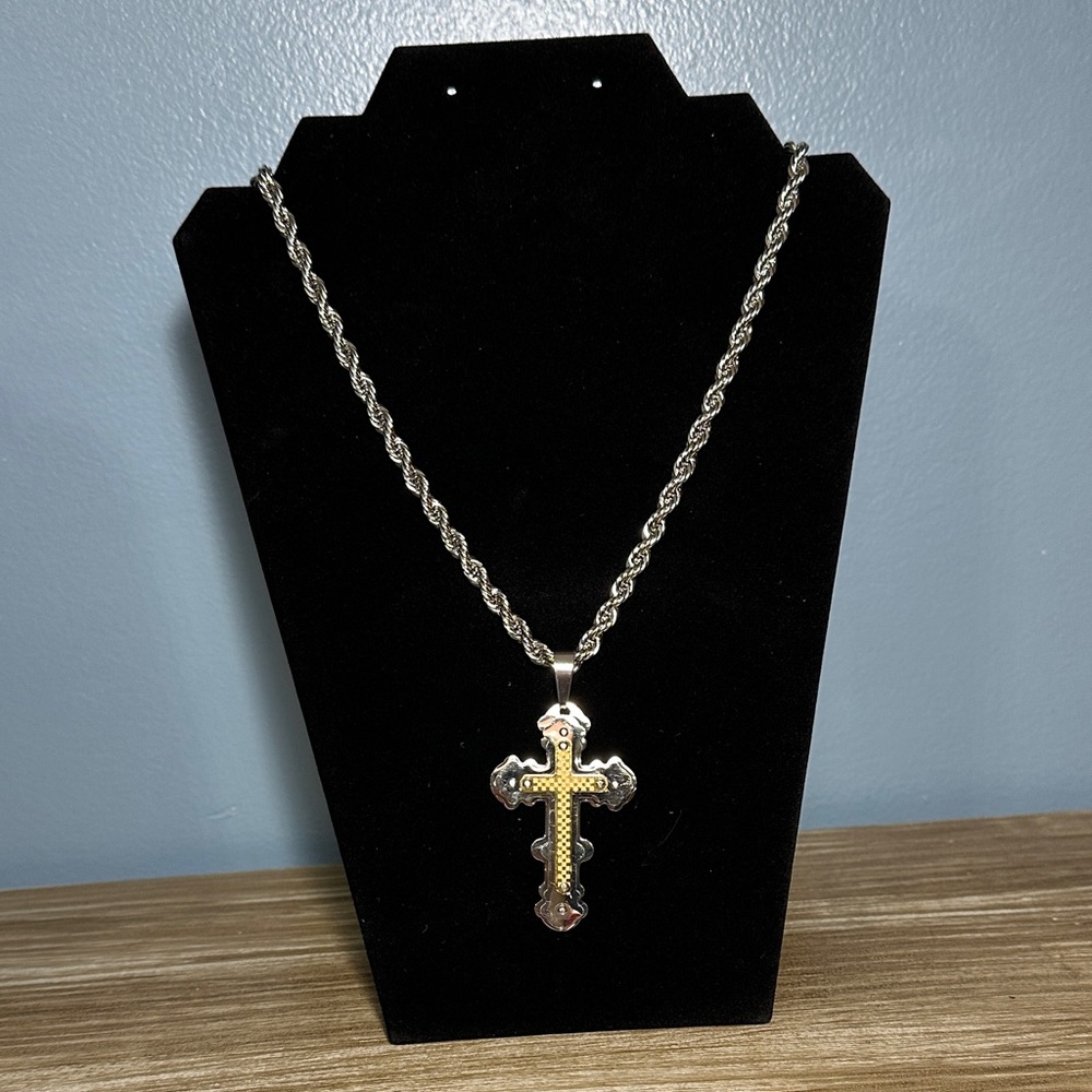 Stainless Steel Silver & Gold Cross Necklace & Bracelet Set